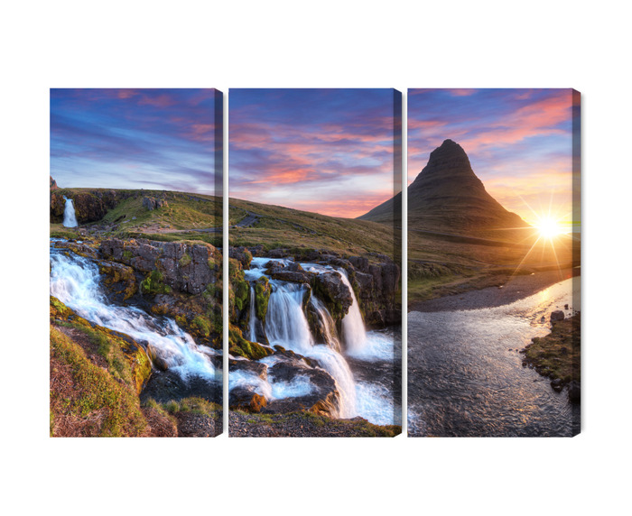 Sunset Over a Waterfall – Triptych Canvas Wall Art - Image 2