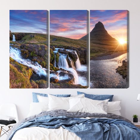 Sunset Over a Waterfall – Triptych Canvas Wall Art