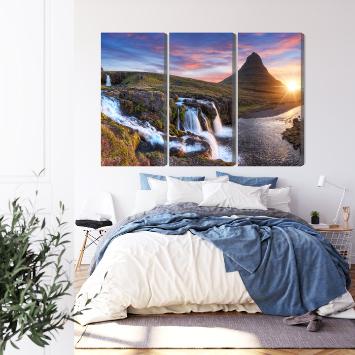 Sunset Over a Waterfall – Triptych Canvas Wall Art - Image 3