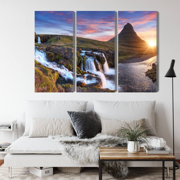 Sunset Over a Waterfall – Triptych Canvas Wall Art - Image 4
