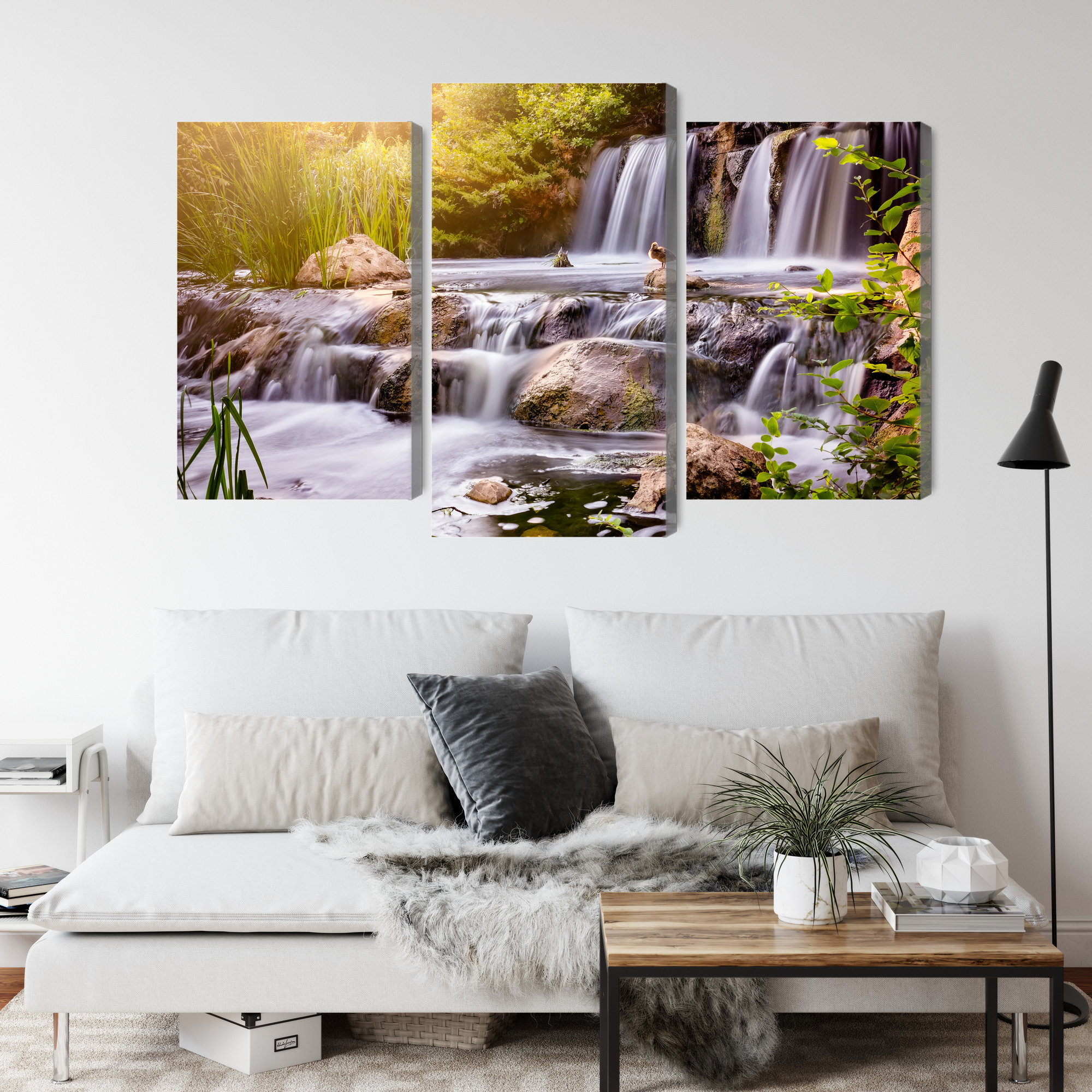 Sunlit Waterfall Triptych – Canvas Wall Art - Image 4