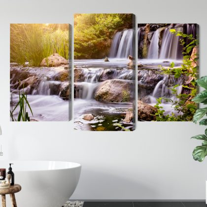 Sunlit Waterfall Triptych – Canvas Wall Art