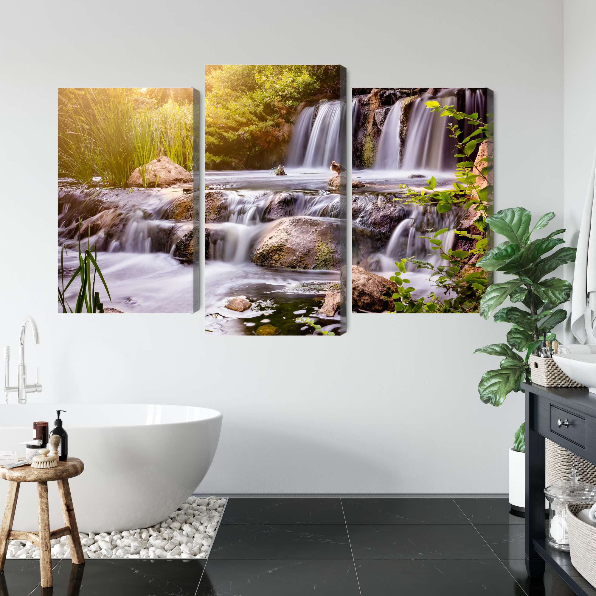 Sunlit Waterfall Triptych – Canvas Wall Art - Image 5