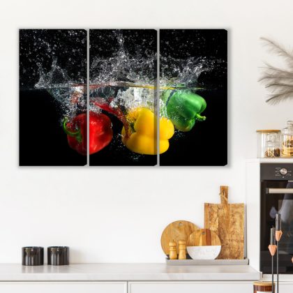 Peppers Splash on Black – Triptych Canvas Wall Art