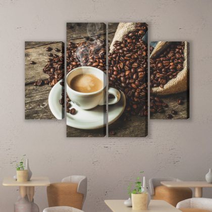 Coffee and Beans on Wood – 4-Panel Canvas Wall Art
