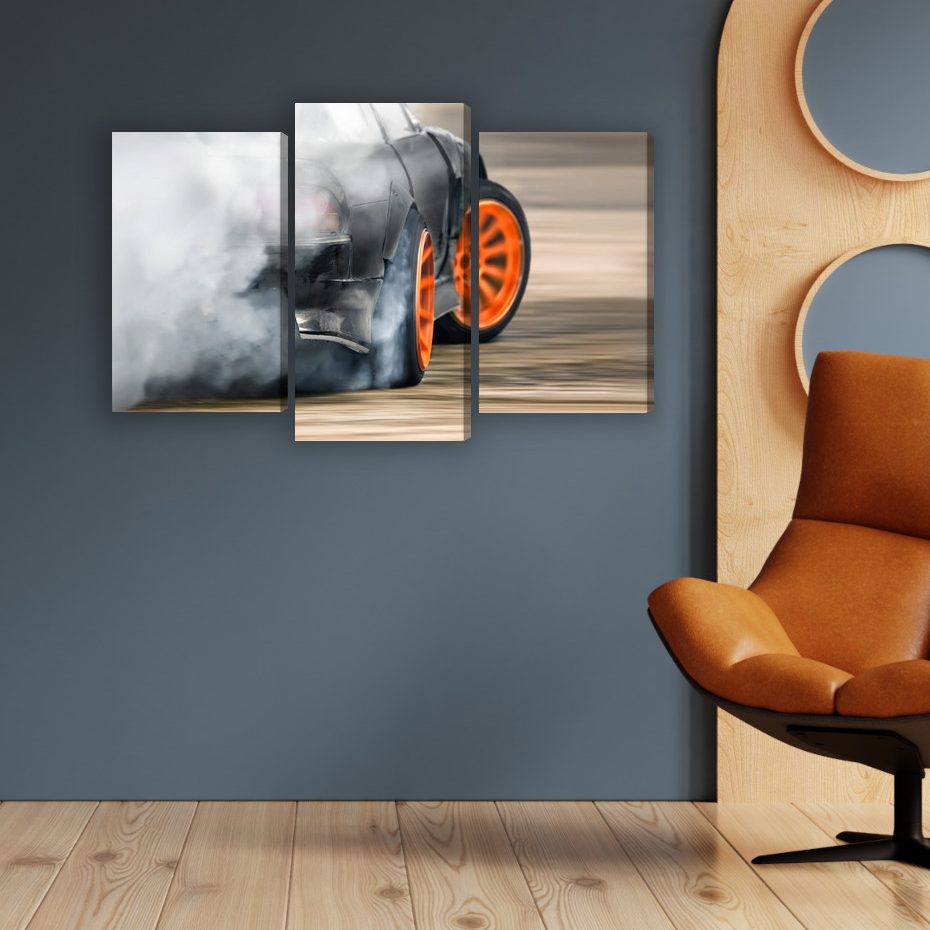 Drift and Tire Smoke - Triptych Canvas Wall Art