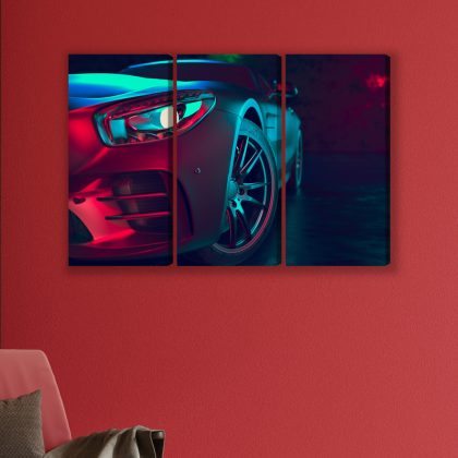 Car in Neon Lights – Triptych Canvas Wall Art for Living Room