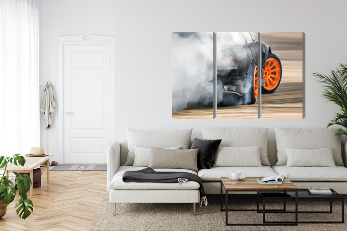 Drift Smoke on Track – Triptych Canvas Wall Art - Image 5