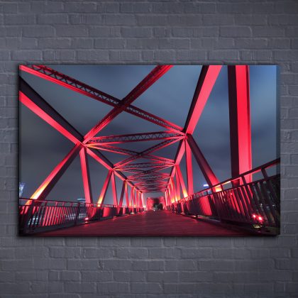 Canvas Wall Art: Red Bridge at Night – Industrial Vibe and Light Against a Dark Sky