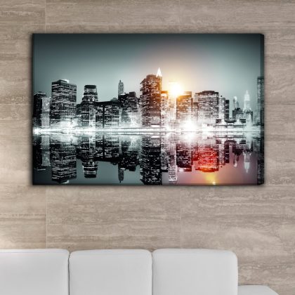 Canvas Wall Art: Nighttime Manhattan by the Water – Elegant Sunset Skyline