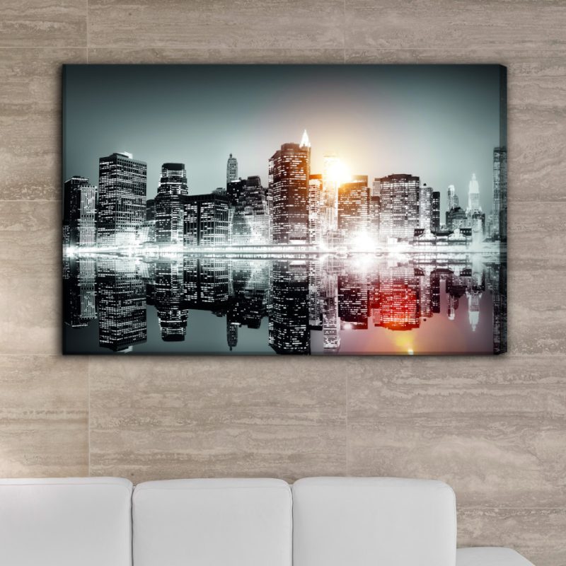 Canvas Wall Art: Nighttime Manhattan by the Water – Elegant Sunset Skyline