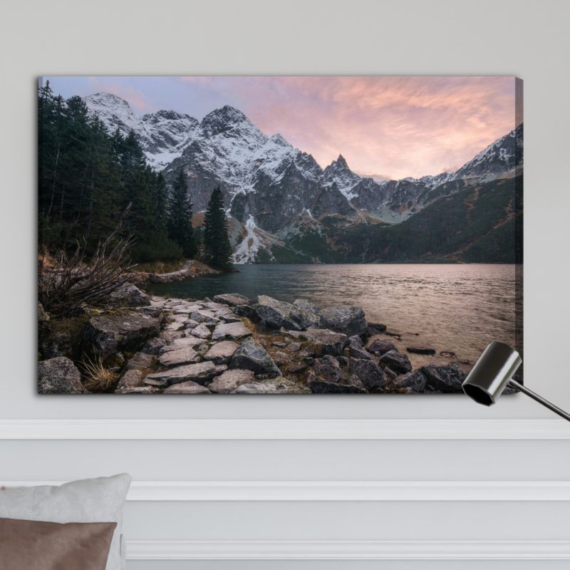 Canvas Wall Art: Mountain Landscape at Dusk – Nature, Stones, and Snowy Peaks