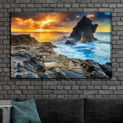 Canvas wall art: Sunset over the sea – rocky coast and golden reflections