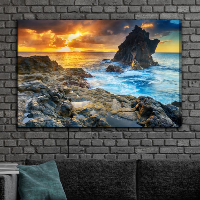 Canvas wall art: Sunset over the sea – rocky coast and golden reflections