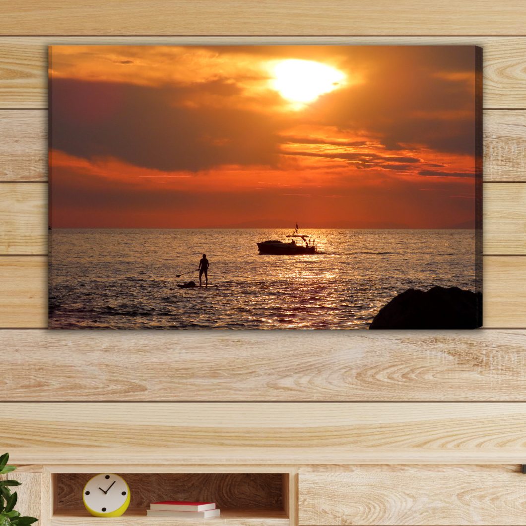 Modern Canvas Print: Paddleboard & Boat at Sunset – for living room & bedroom