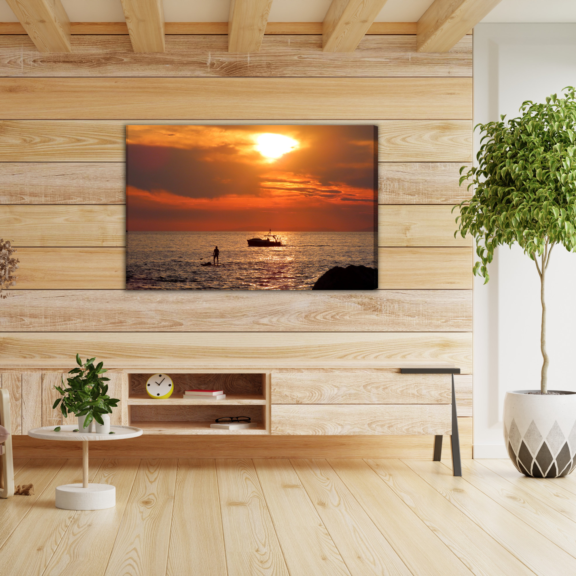 Modern Canvas Print: Paddleboard & Boat at Sunset – for living room & bedroom - Image 3