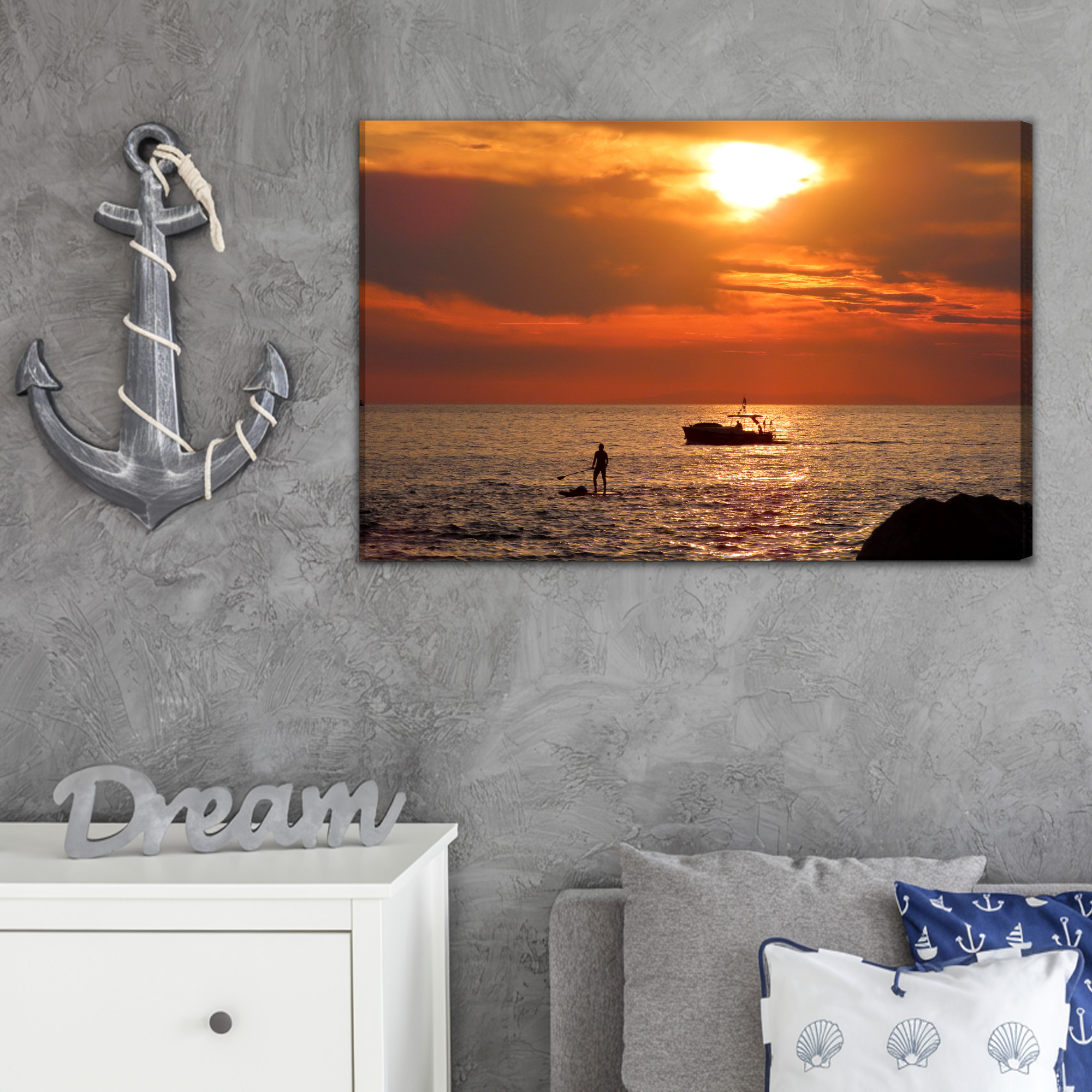 Modern Canvas Print: Paddleboard & Boat at Sunset – for living room & bedroom - Image 4