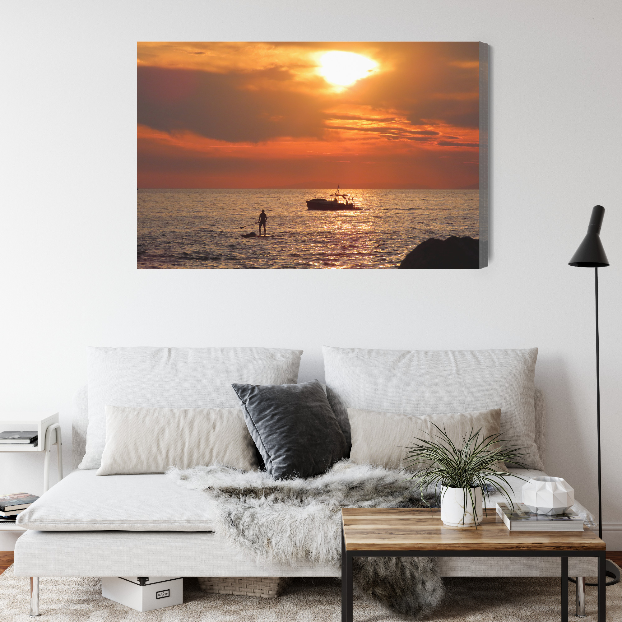 Modern Canvas Print: Paddleboard & Boat at Sunset – for living room & bedroom - Image 6