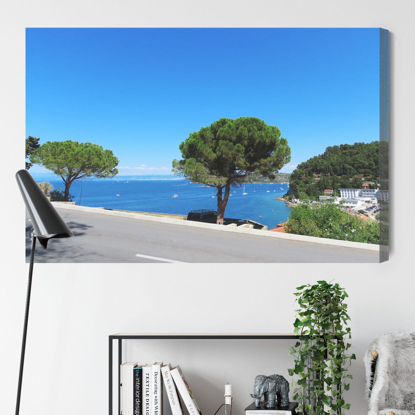Canvas Print: Pines above an Azure Bay – sails and light for living room and office