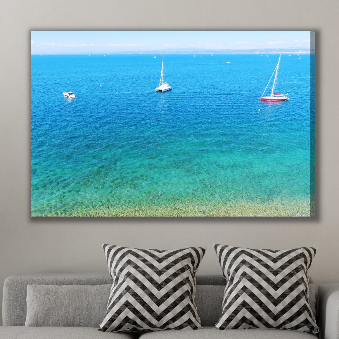 Modern Canvas Print: Turquoise Sea with Sailboats – ideal for living room and office