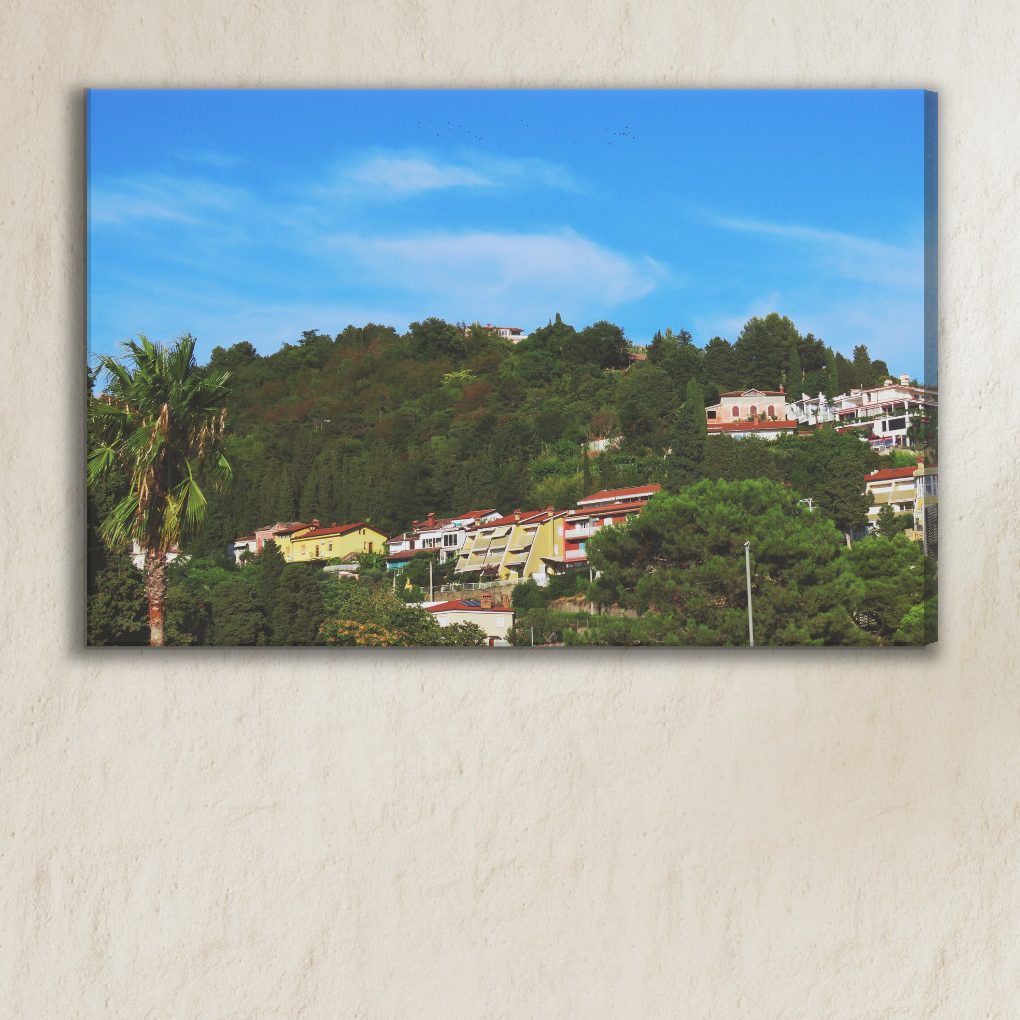 Mediterranean Canvas Print: Green Hillside & Houses – for living room & office