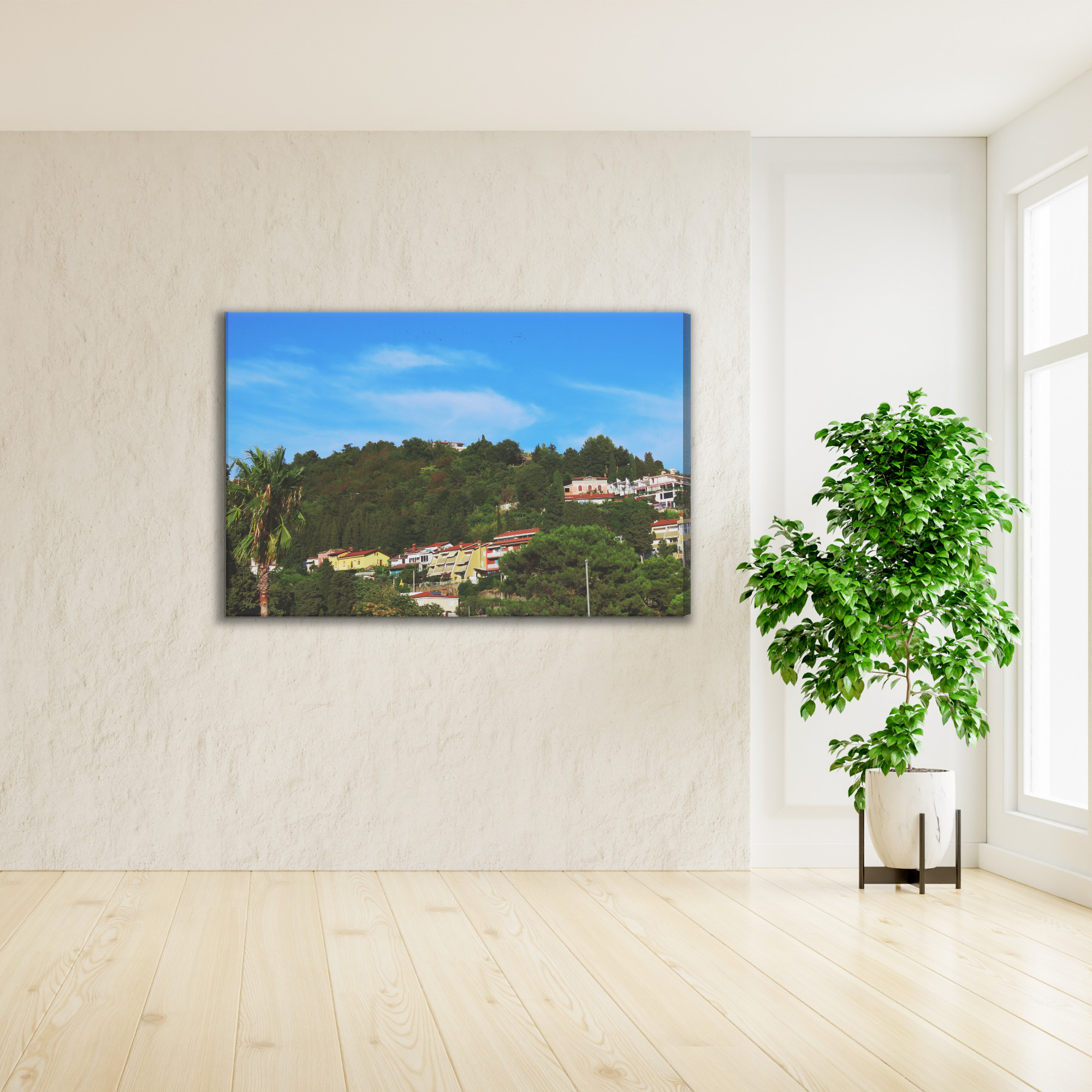 Mediterranean Canvas Print: Green Hillside & Houses – for living room & office - Image 3