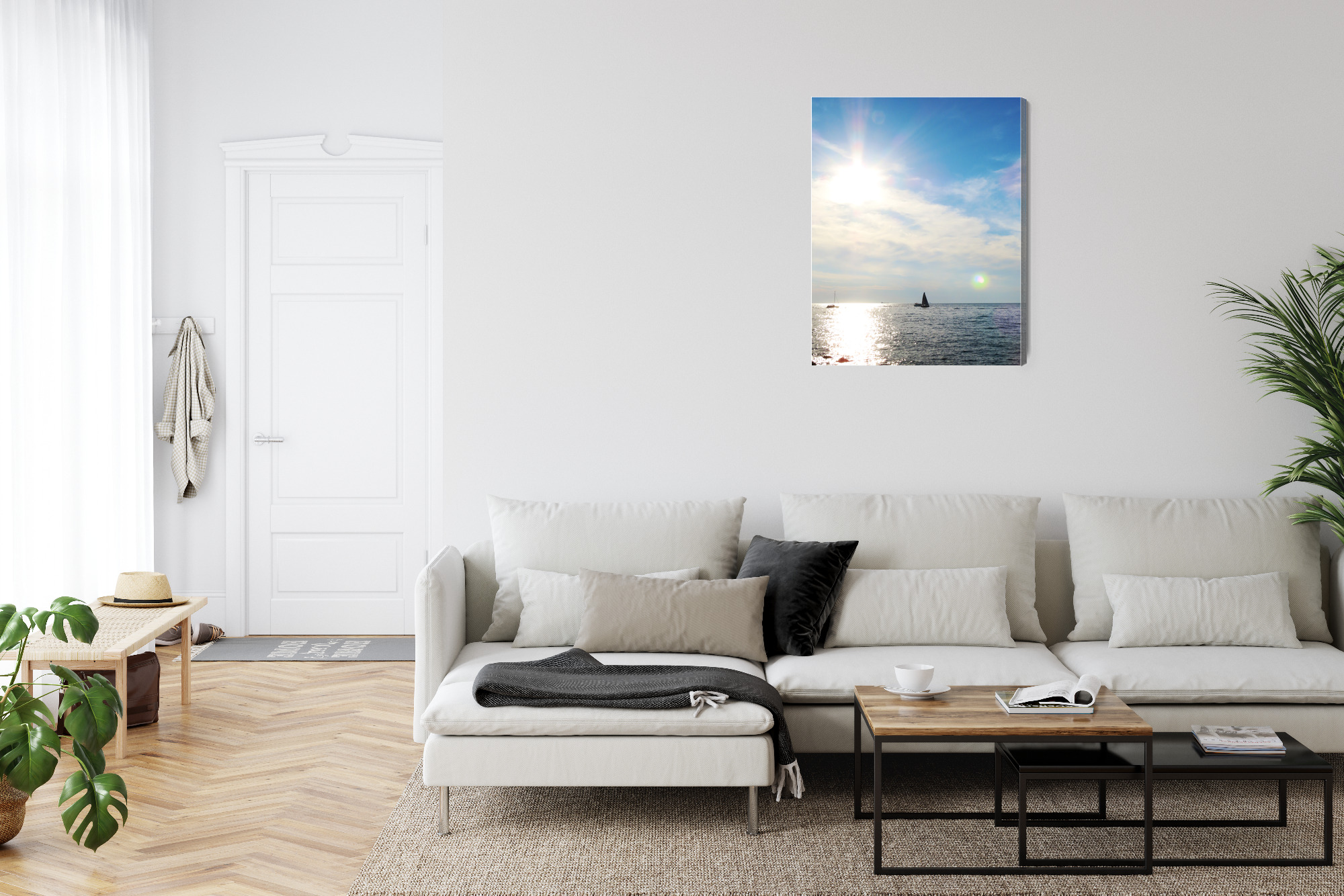 Minimalist Canvas Print: Sunlit Sea with Sailboats – for living room & office - Image 6