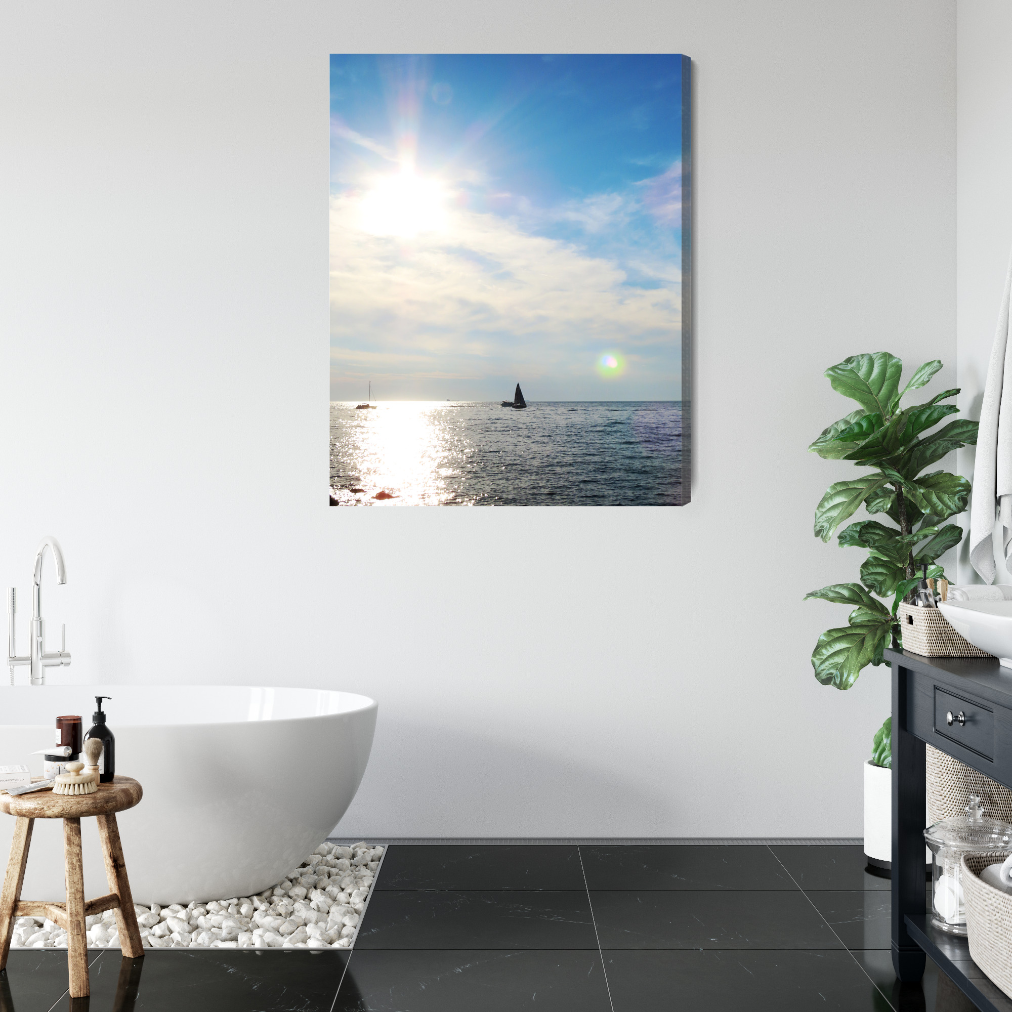 Minimalist Canvas Print: Sunlit Sea with Sailboats – for living room & office - Image 5