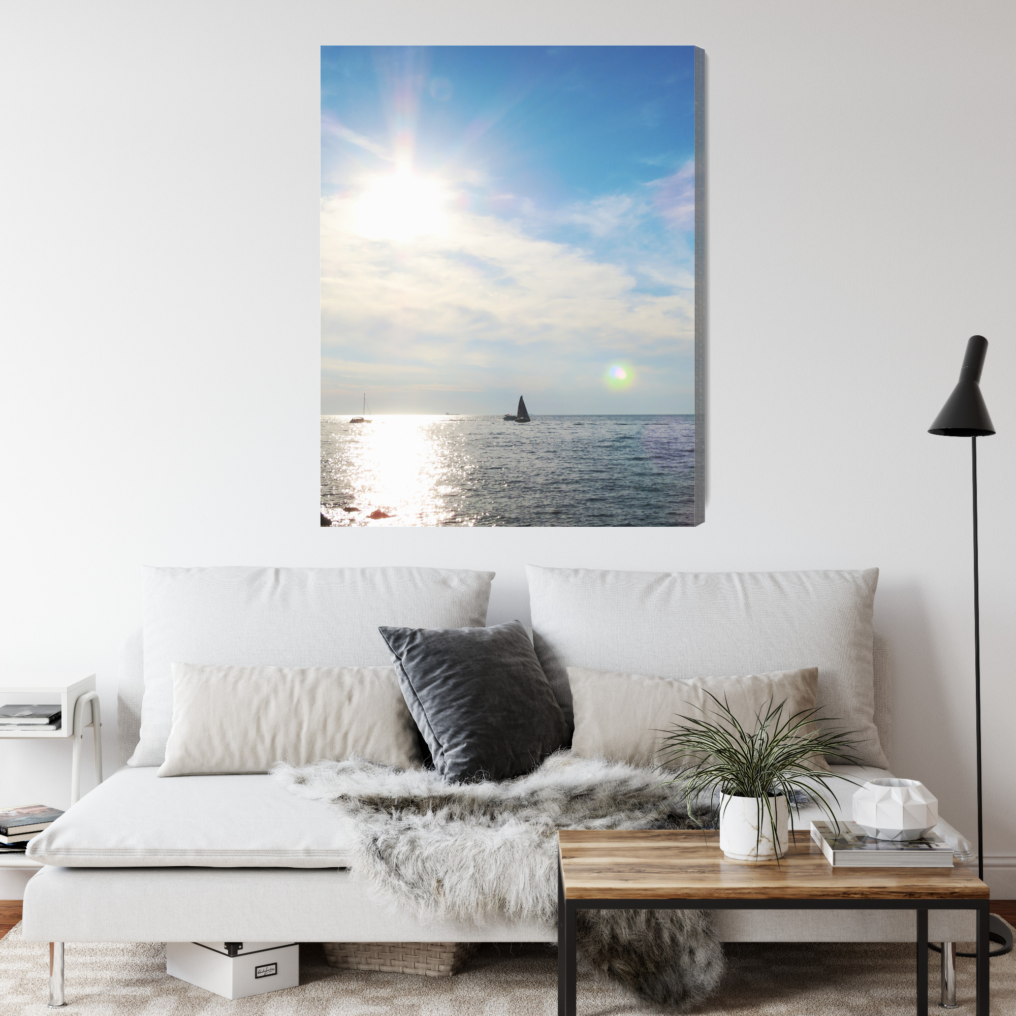 Minimalist Canvas Print: Sunlit Sea with Sailboats – for living room & office - Image 4