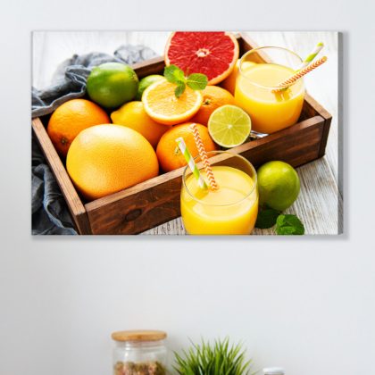 Juicy Citrus in a Wooden Crate – Colourful Canvas Print for the Kitchen