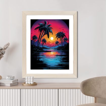 Neon tropical sunset with palm trees poster