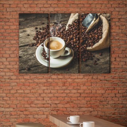 Coffee and Beans on Wood – Triptych Canvas Wall Art