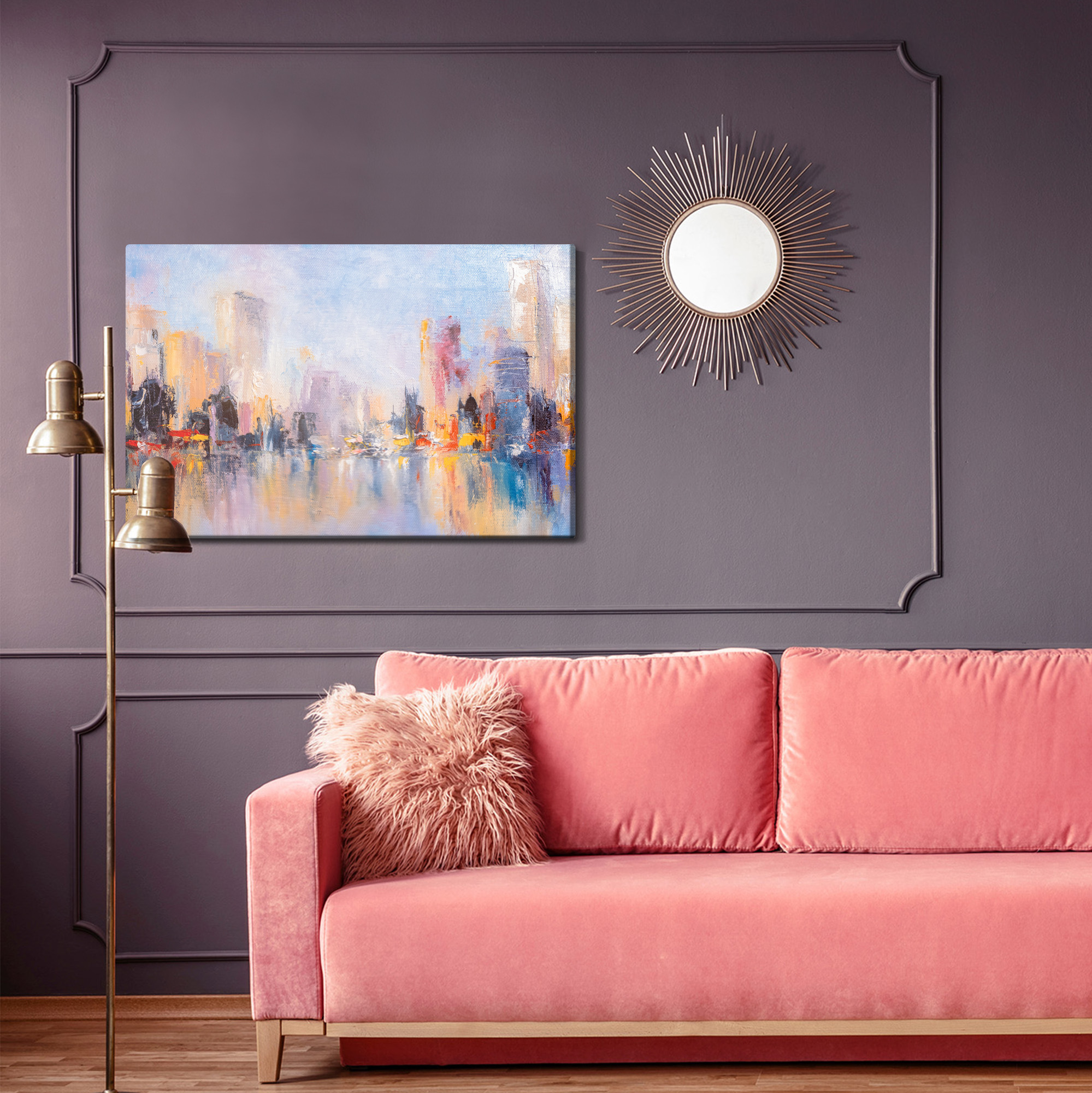 Canvas print Pastel city skyline by the water - Image 3