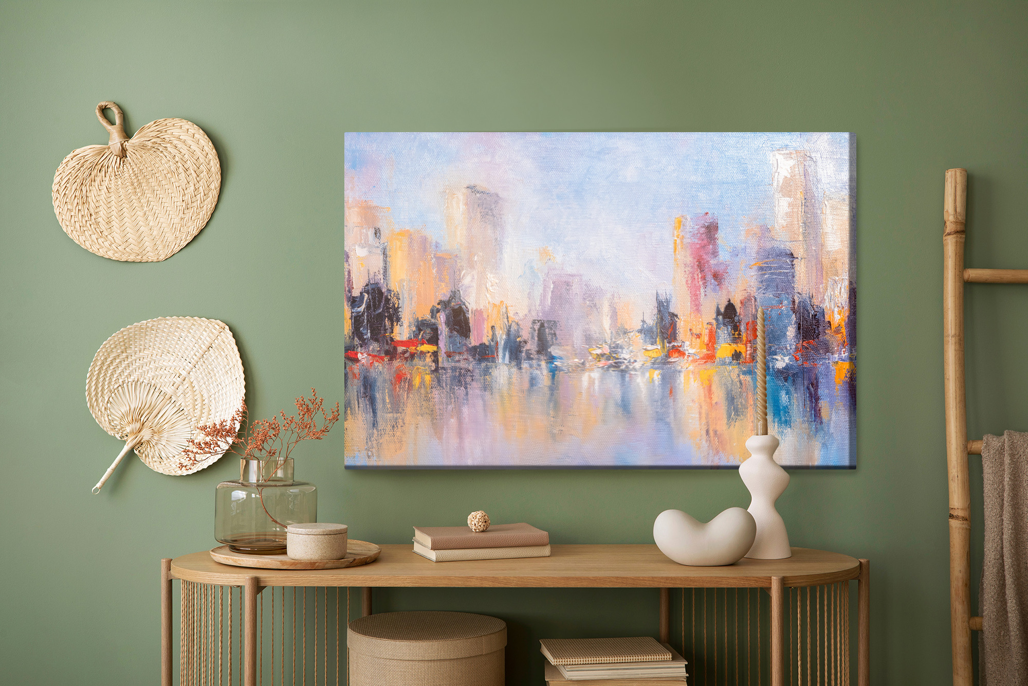 Canvas print Pastel city skyline by the water - Image 4