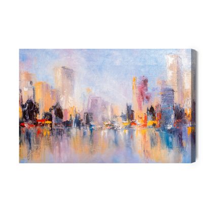 Canvas print Pastel city skyline by the water