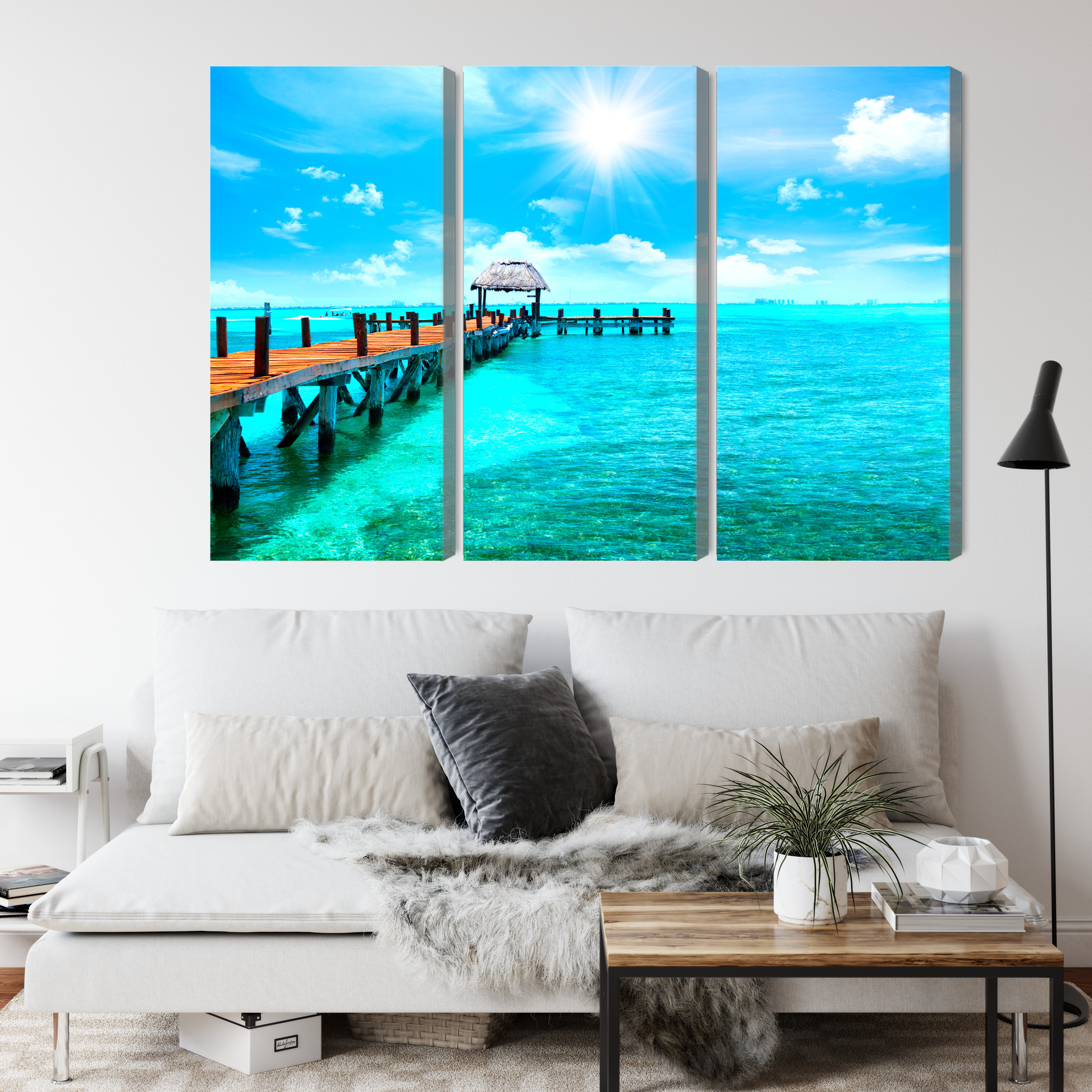 Multi-panel canvas wall art turquoise sea and sunny pier - Image 3