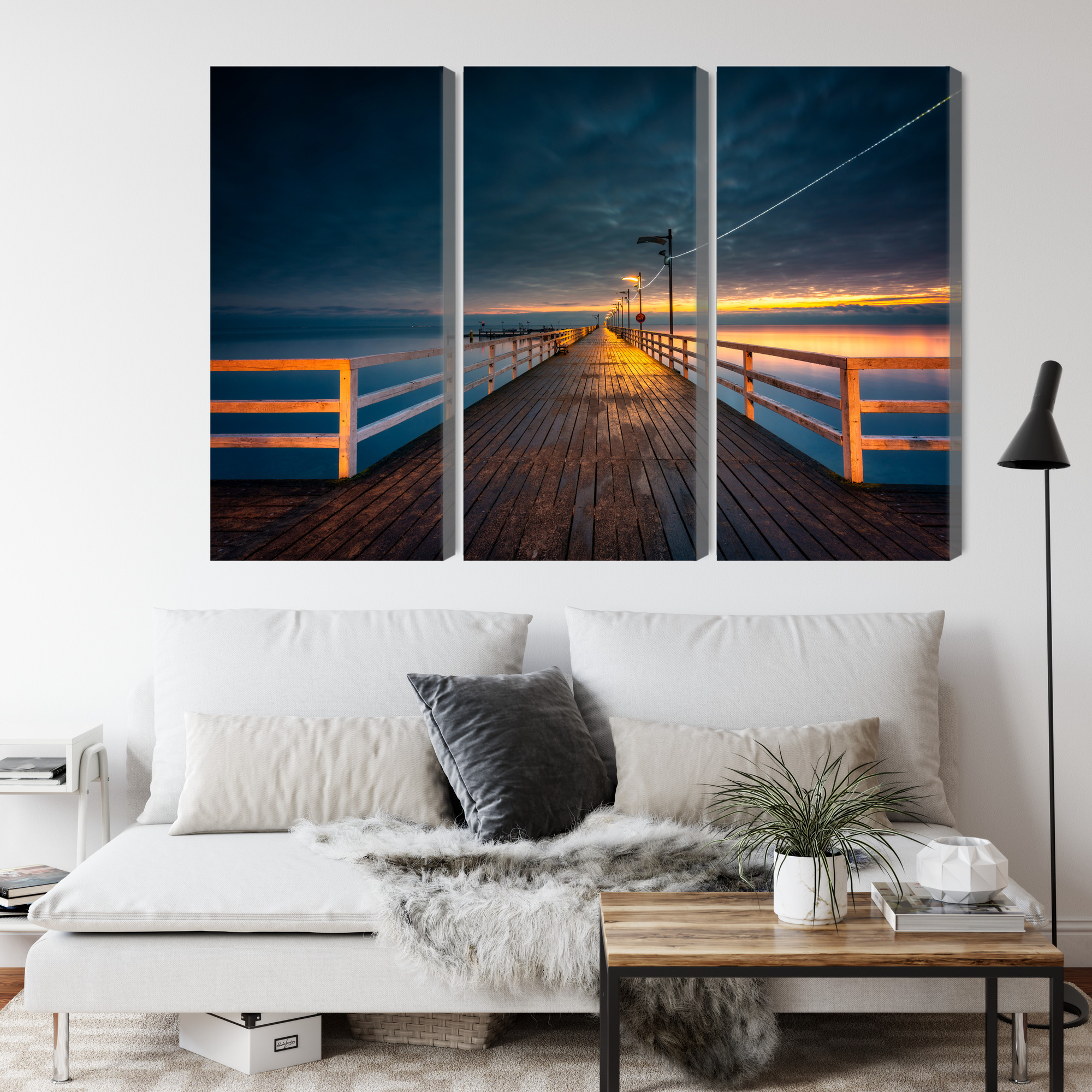 Multi-panel canvas wall art evening pier under clouds - Image 3