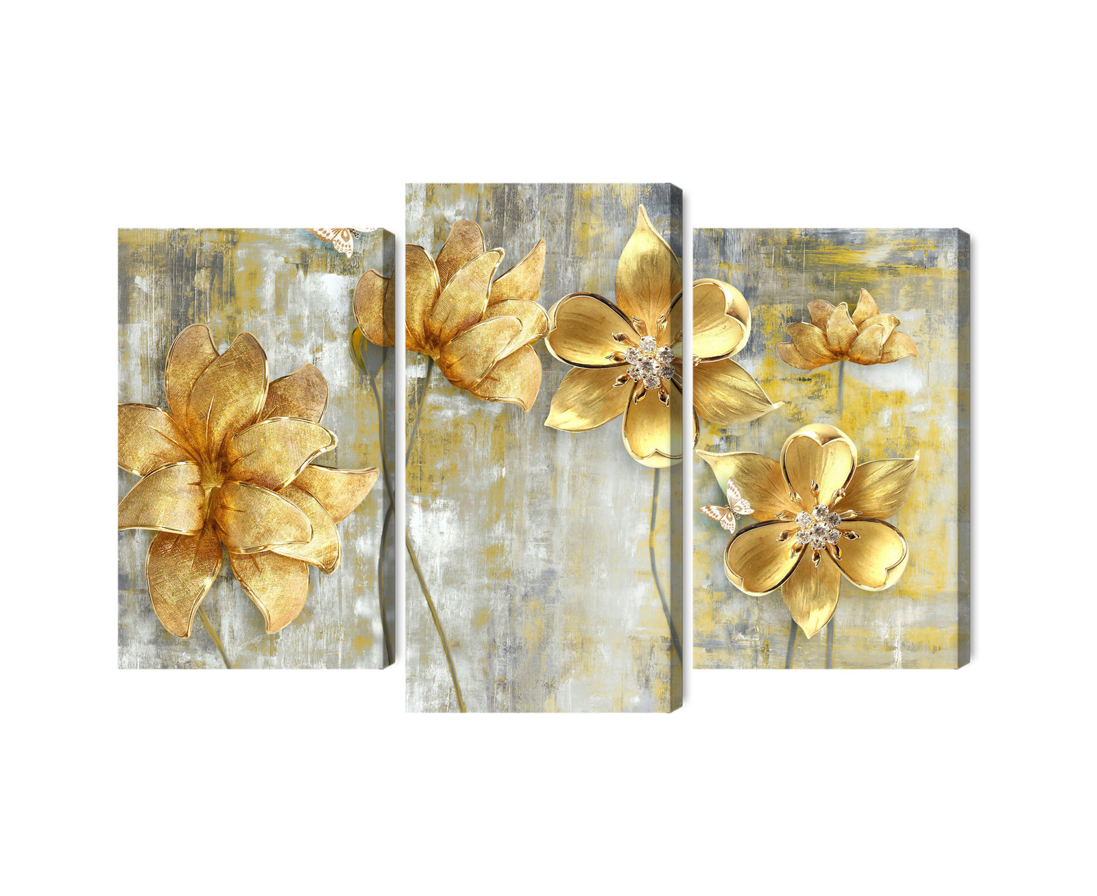 Triptych canvas print golden glamour flowers