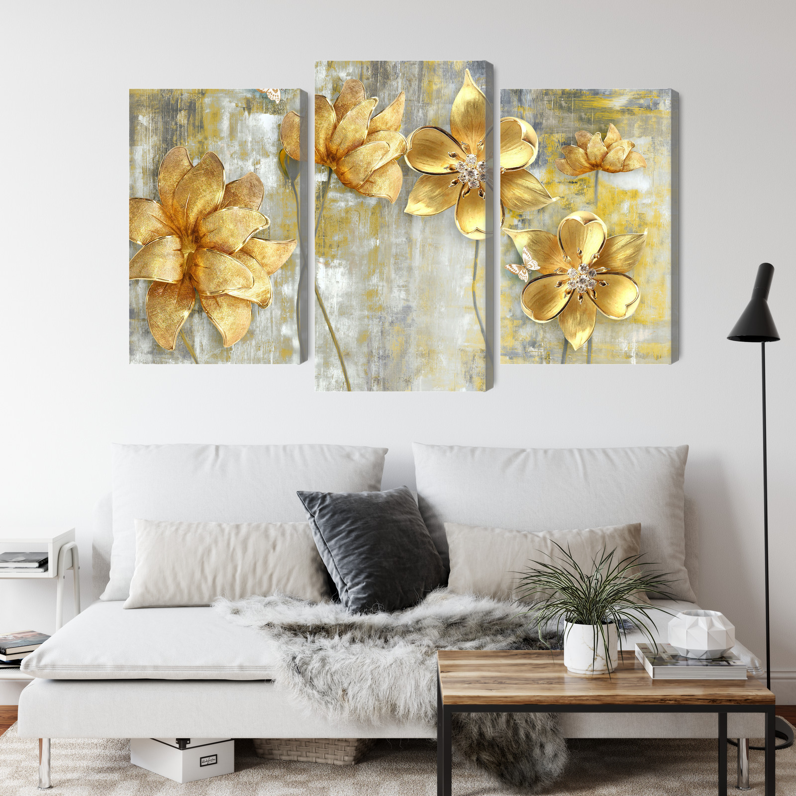 Triptych canvas print golden glamour flowers - Image 3