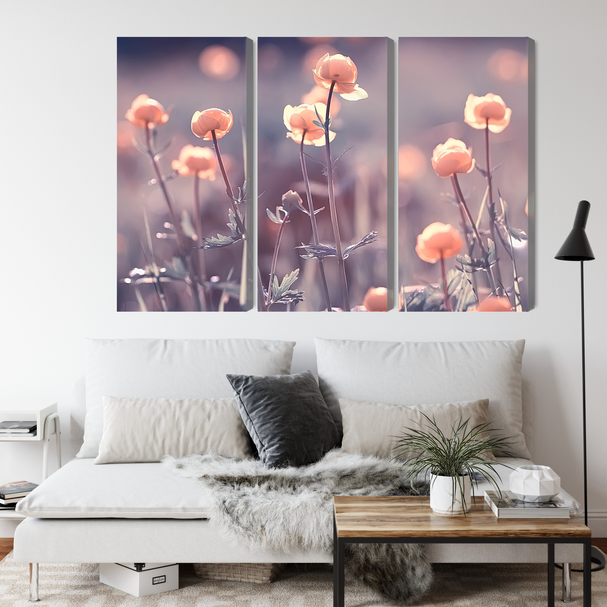 Mehrteiliges Leinwandbild Triptychon mit Pastellblumen – Bild 3