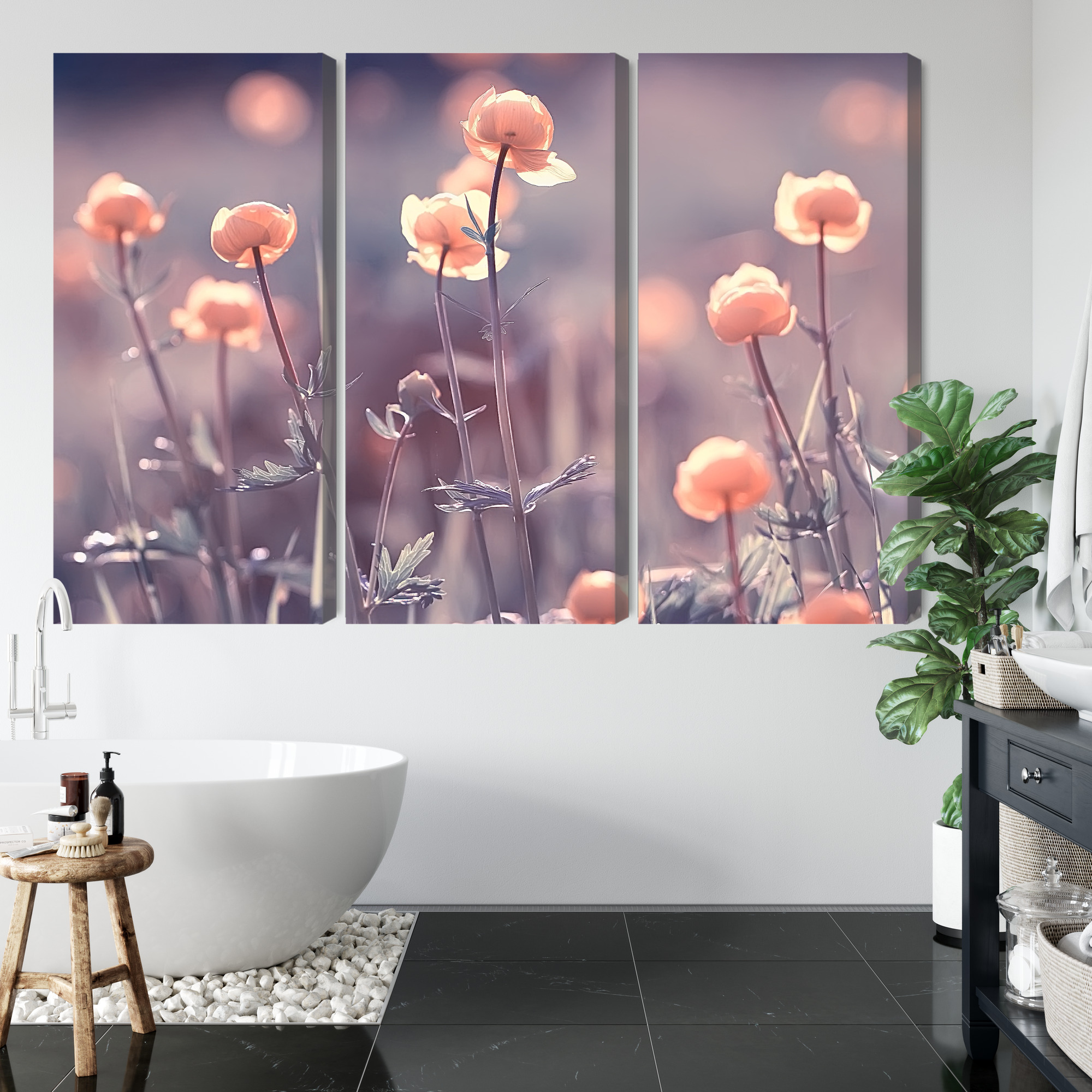 Mehrteiliges Leinwandbild Triptychon mit Pastellblumen – Bild 4