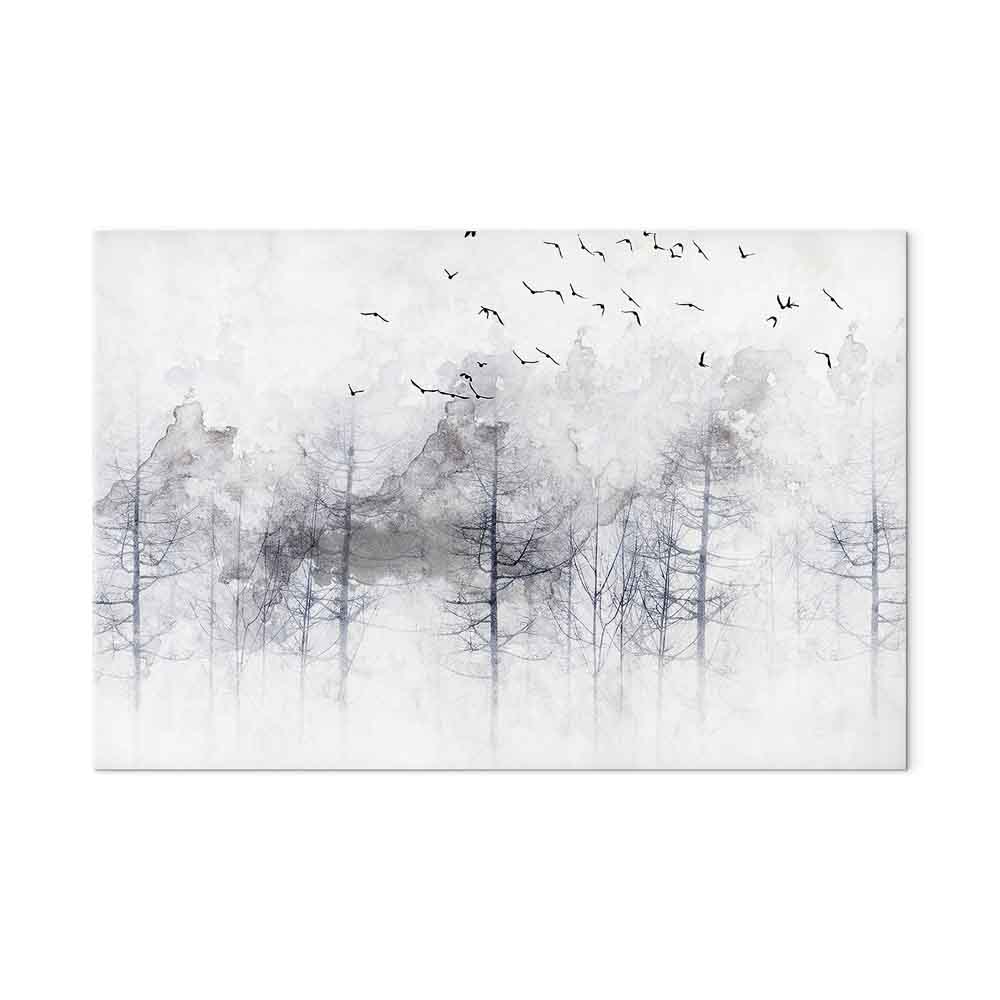 Canvas Print Misty Forest with Birds in Grey Tones - Image 2
