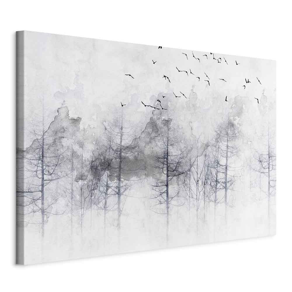 Canvas Print Misty Forest with Birds in Grey Tones - Image 11