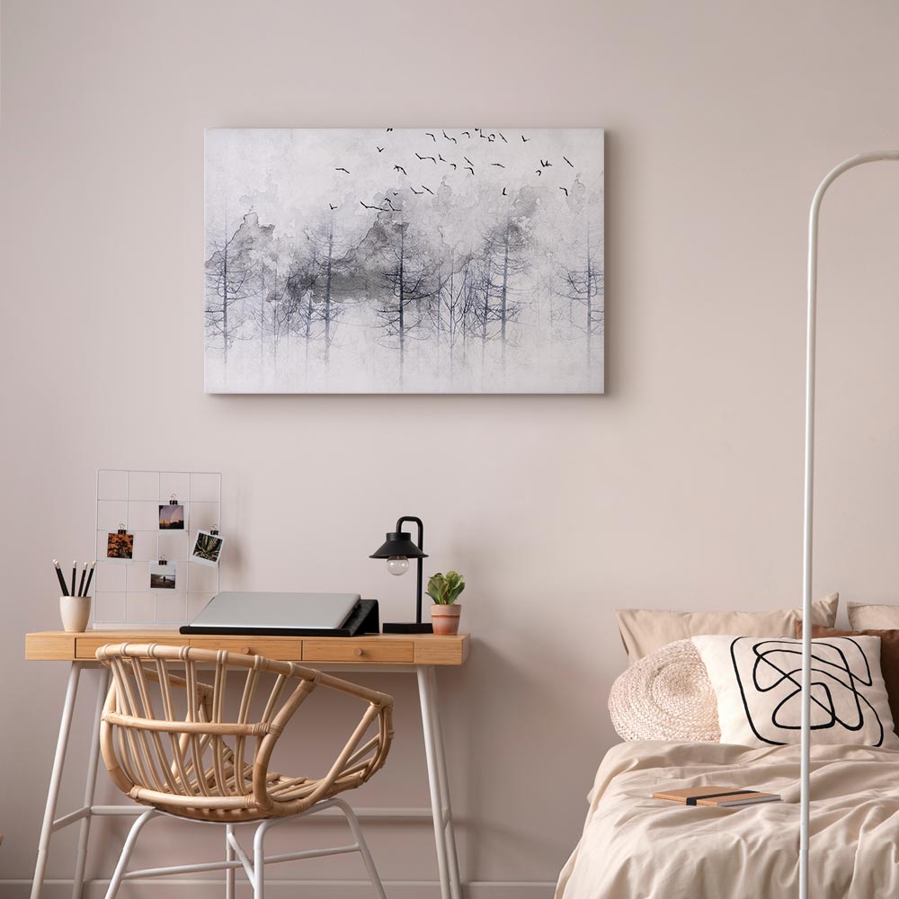 Canvas Print Misty Forest with Birds in Grey Tones - Image 4