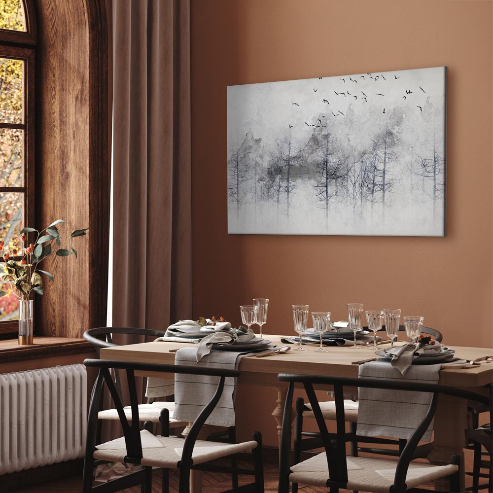 Canvas Print Misty Forest with Birds in Grey Tones - Image 5