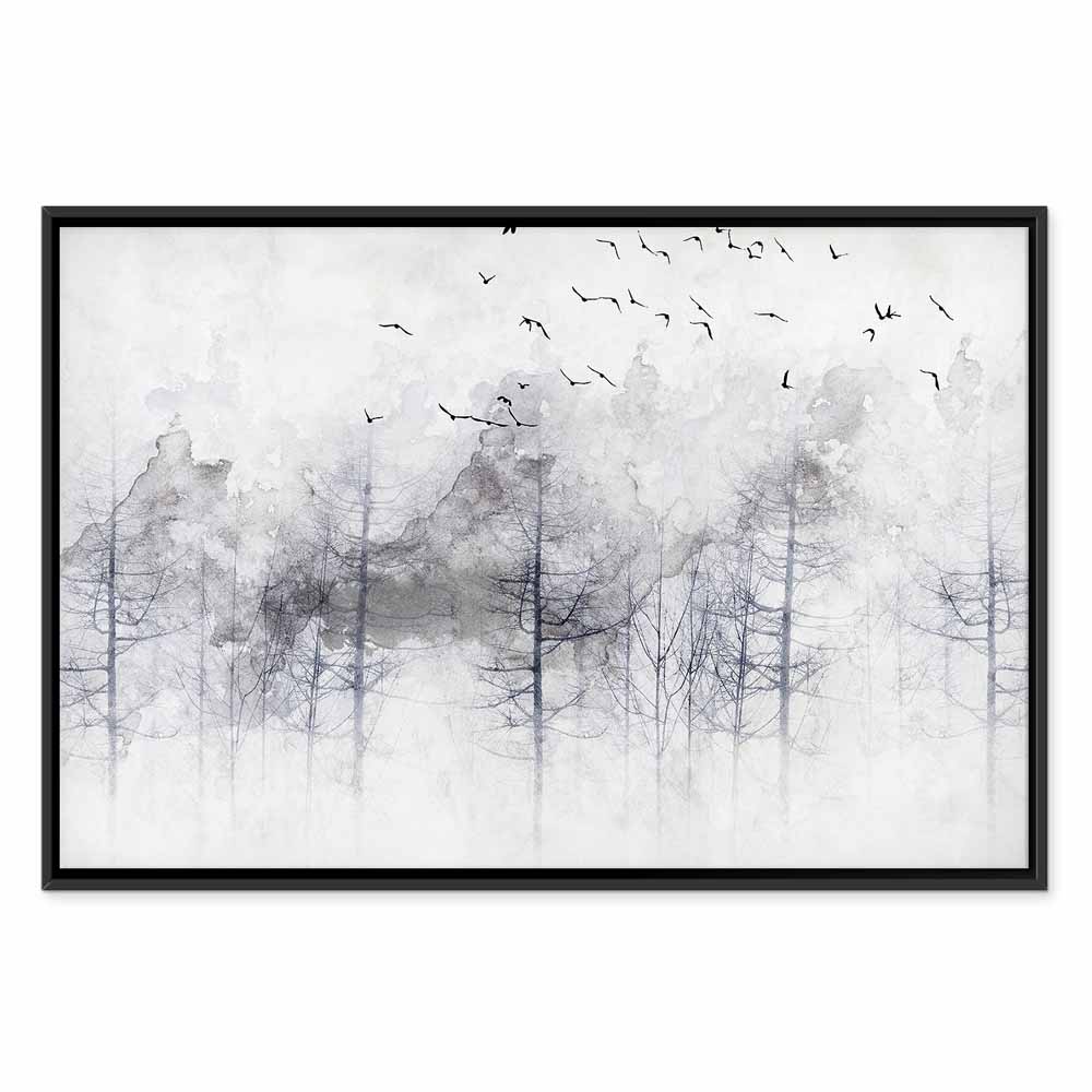 Canvas Print Misty Forest with Birds in Grey Tones - Image 15