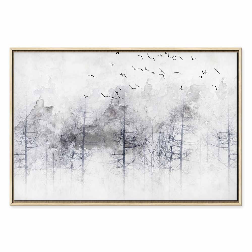 Canvas Print Misty Forest with Birds in Grey Tones - Image 21