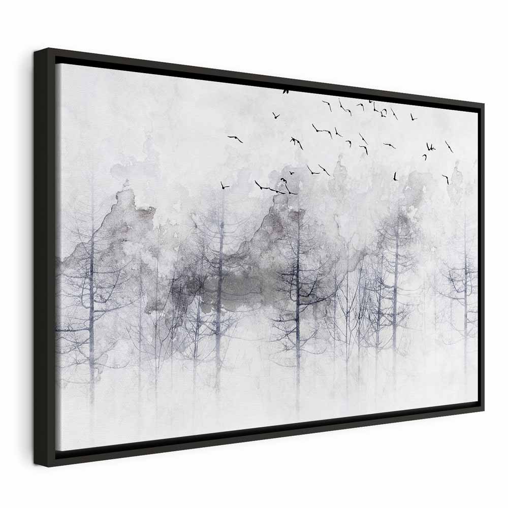 Canvas Print Misty Forest with Birds in Grey Tones - Image 14