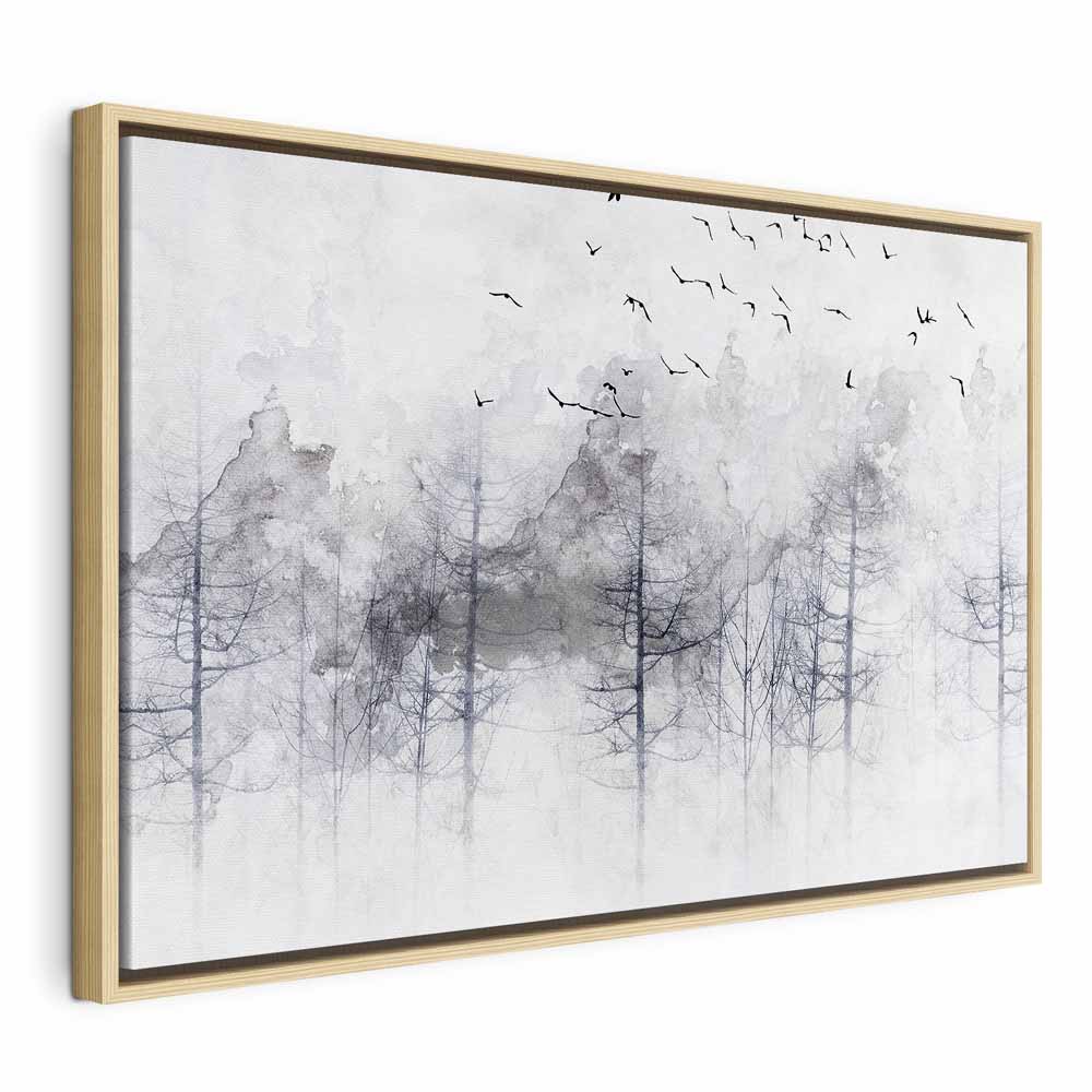 Canvas Print Misty Forest with Birds in Grey Tones - Image 20