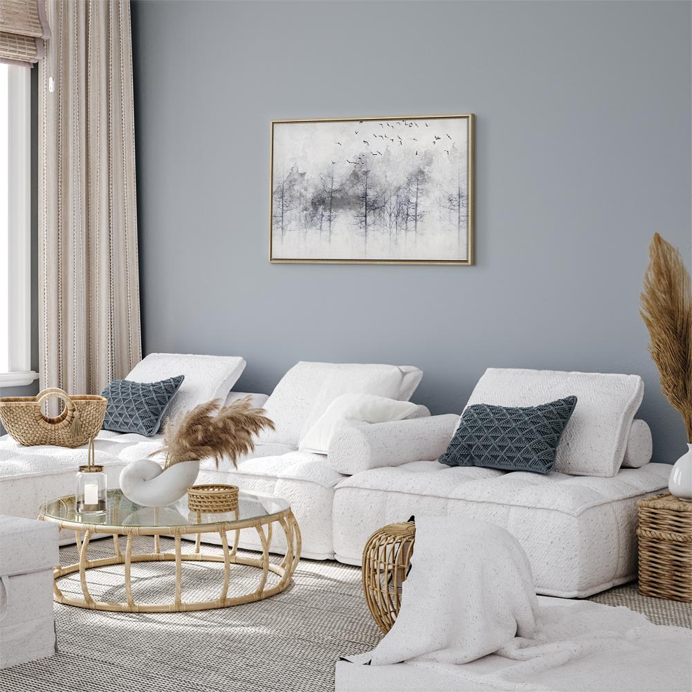 Canvas Print Misty Forest with Birds in Grey Tones - Image 22